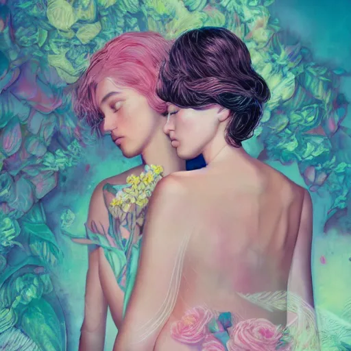 Image similar to portrait of the two most beautiful women surrounded by soft florals, vaporwave lighting, dewy skin, concept art, high detail, beautiful, dreamy