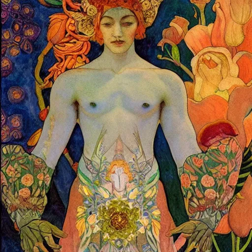 Image similar to the flower prince, by Annie Swynnerton and Nicholas Roerich , embroidered robes, floral tattoos, bioluminescent, elaborate costume, geometric ornament, symbolist, soft colors, dramatic lighting, smooth, sharp focus, extremely detailed