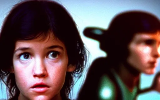 Image similar to full - color cinematic movie still from the 1 9 7 9 film alien starring young phoebe cates as lieutenant ripley. detailed facial - features ; suspense ; action.