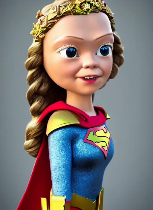 Image similar to closeup face profile portrait of a tin toy greta thunberg as supergirl as a fairytale princess wearing a crown, bikini, depth of field, zeiss lens, detailed, fashion photoshoot, by nicoletta ceccoli, mark ryden, lostfish, breathtaking, 8 k resolution, extremely detailed, beautiful, establishing shot, artistic, hyperrealistic, octane render