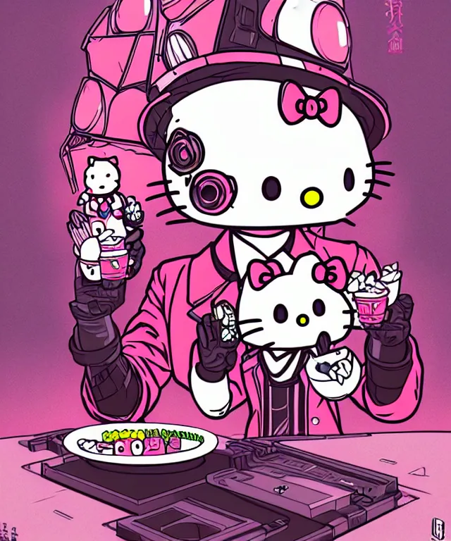 Image similar to a portrait of an anthropomorphic cyberpunk hello kitty eating sushi, cyberpunk!, fantasy, elegant, digital painting, artstation, concept art, matte, sharp focus, illustration, art by josan gonzalez