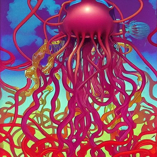 Image similar to weird jellyfish by jeff koons, m. c. escher, zdzisław beksinski, beeple, rutkowski, and alphonse mucha, chihuly