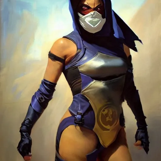 Image similar to greg manchess portrait painting of mileena from mortal kombat wearing a mask covering her mouth as overwatch character, medium shot, asymmetrical, profile picture, organic painting, sunny day, matte painting, bold shapes, hard edges, street art, trending on artstation, by huang guangjian and gil elvgren and sachin teng