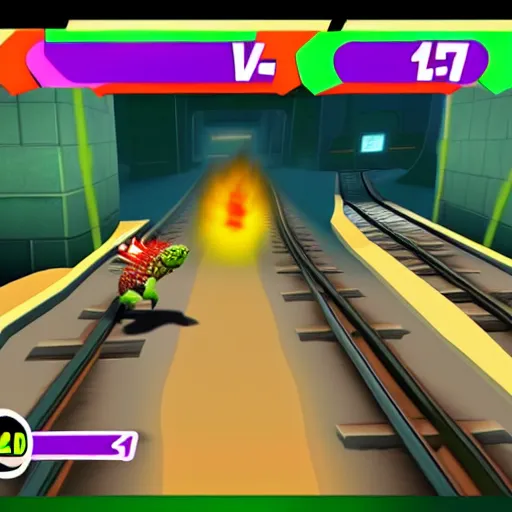 Image similar to small Godzilla running in Subway surfer, in-game shot, coherent like Dall-E 2