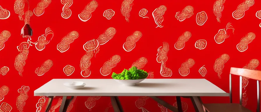 Image similar to a beautiful 4 k hd red wall paper illustration of roasted string hotpot, red wallpaper design, simple style, gourmet style, commercial kebab hotpot wallpaper display, wall painting, from china, with merchant logo, simple structure, surrealistic, chinese style, victo ngai, james jean, denoise, deblurring