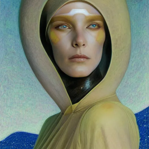 Prompt: sci - fi portrait of bene gesserit order sister by jean delville and william blake, retrofuturism, intricate, hyperealistic, photoreal, 8 k resolution, highly detailed, proffesional illustration