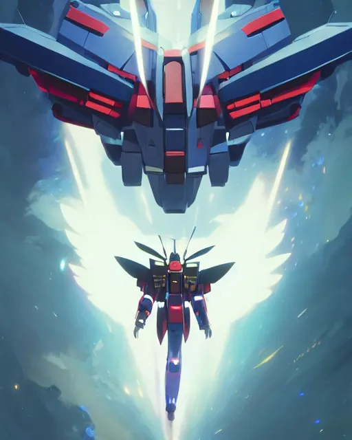 Image similar to highly detailed vfx portrait of a gundam with wings of feathers beam saber fighting in space with a beam gun, unreal engine, greg rutkowski, loish, rhads, beeple, makoto shinkai and lois van baarle, ilya kuvshinov, rossdraws, tom bagshaw, alphonse mucha, global illumination, detailed and intricate environment