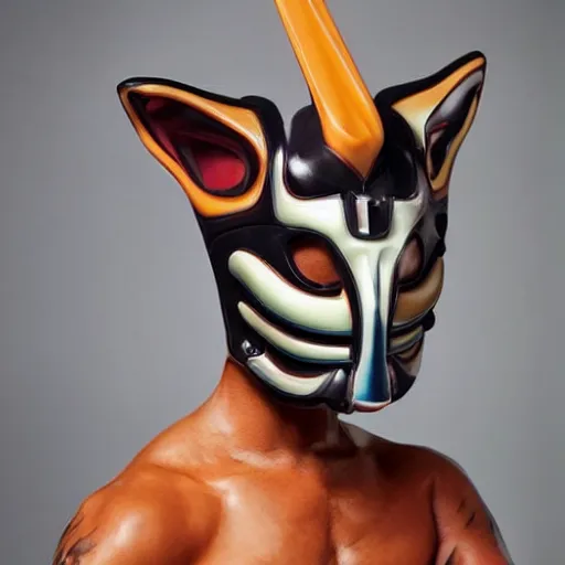 Prompt: an slim athletic beautiful male alien with ombre colored skin wearing a futuristic kitsune mask, photographed by erwin olaf for a fine art gallery