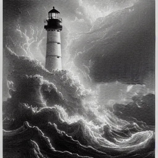 Prompt: a lighthouse during an intense thunder storm, engraving, huge waves, lightning, epic, in the style of gustave dore, artgem