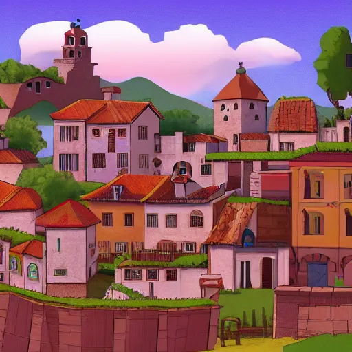 Image similar to A Spanish village. 2D videogame, Side Scrolling, Seamless, Parallax.