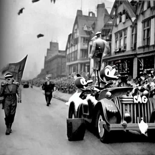 Image similar to historic colorized photograph of donald duck at a nazi parade in 1 9 3 6