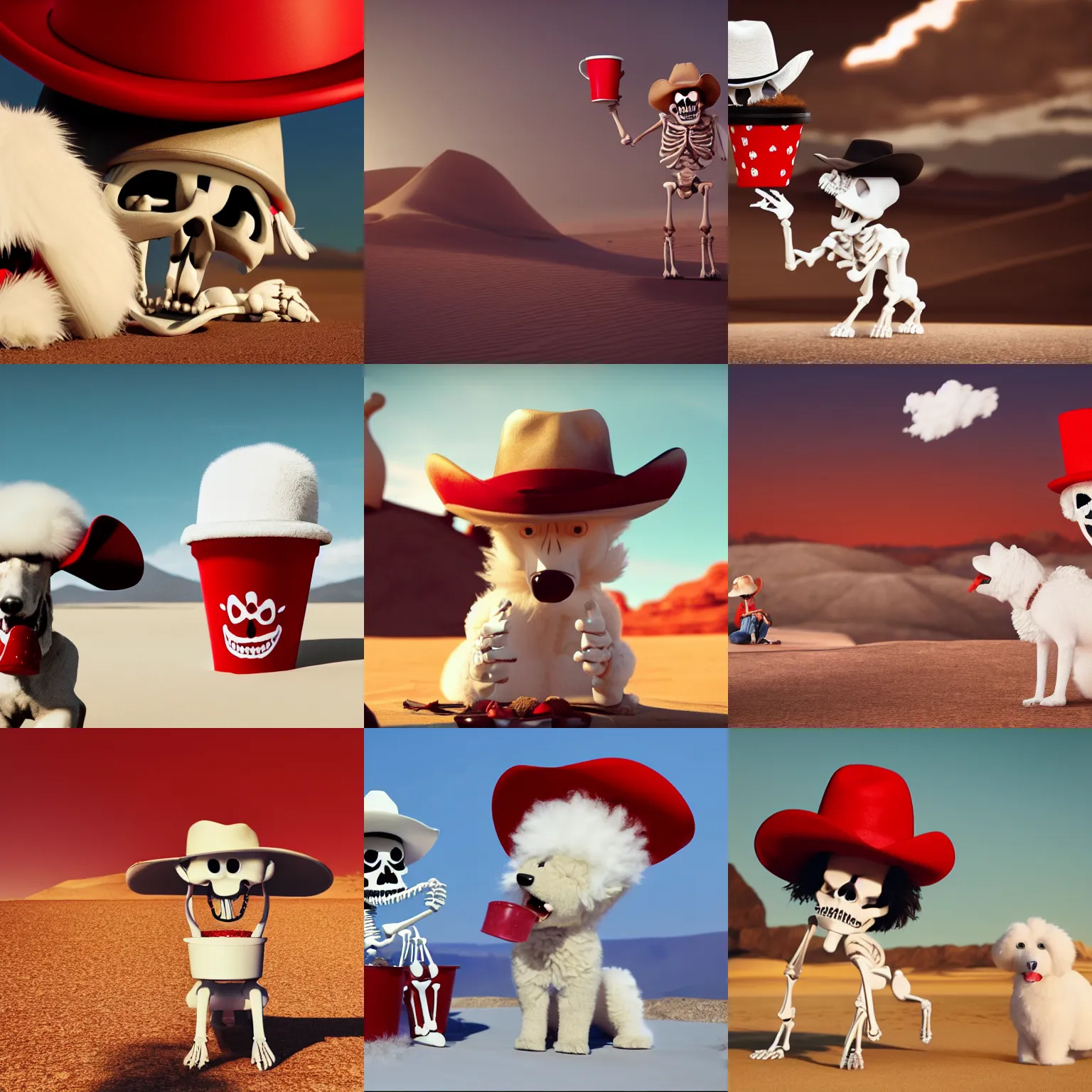 Prompt: a cartoon skeleton in a cowboy hat standing in the desert and yelling at a cute white fluffy dog that is sitting inside of a red cup. octane render. trending. cinematic. epic. highly detailed. 8 k