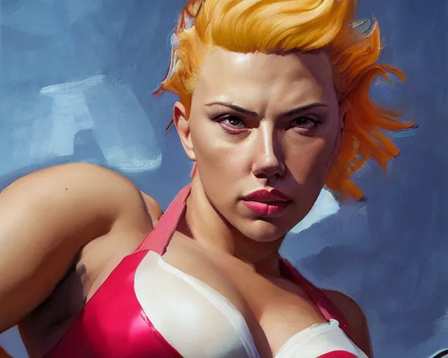 Image similar to greg manchess portrait painting of smug scarlett johansson as beautiful thick female bodybuilder zarya from overwatch, medium shot, asymmetrical, profile picture, organic painting, sunny day, matte painting, bold shapes, hard edges, street art, trending on artstation, by huang guangjian and gil elvgren and sachin teng