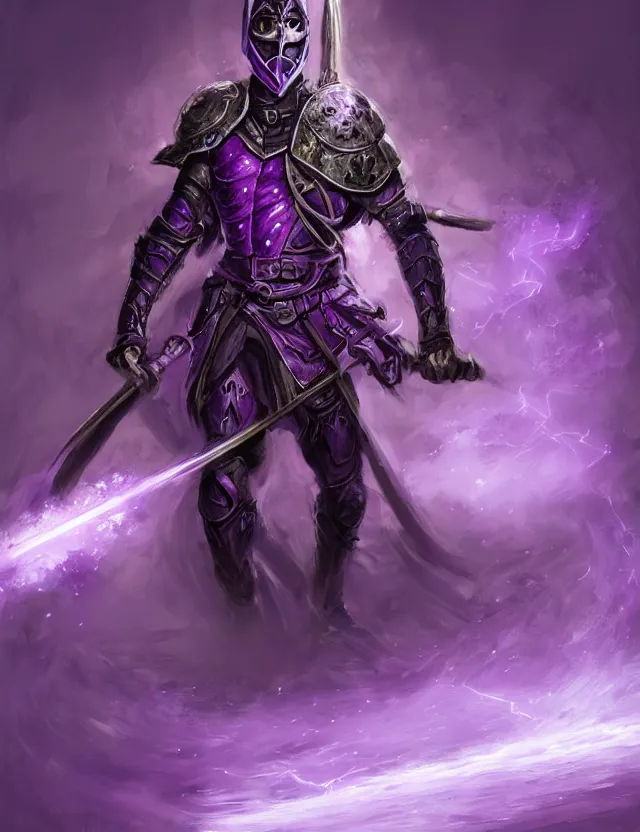 Image similar to a masked warrior in purple armour glowing violet, wielding a large purple sword that flashes with lightning, by frank fazetta and peter mohrbacher, trending on artstation, digital art, 4 k resolution, detailed, high quality, hq artwork, coherent, insane detail, concept art, character concept, character full body portrait