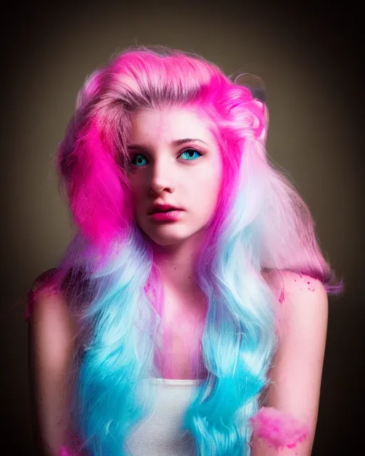 Image similar to a dramatic lighting photo of a beautiful young woman with cotton candy hair. blood splashes with a little bit of cyan and pink