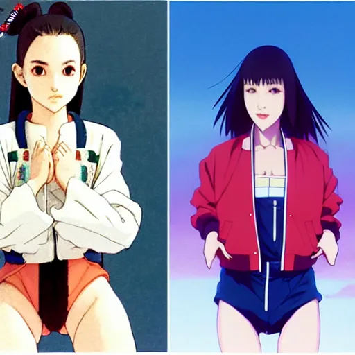 Image similar to a beautiful japanese natalie portman gravure model, wearing oversized native designer bomber jacket and leotard with overalls, bulky poofy bomber jacket with mesoamerican patterns, mesoamerican native street fashion, gapmoe yandere grimdark, trending on pixiv fanbox, painted by greg rutkowski makoto shinkai takashi takeuchi studio ghibli, akihiko yoshida