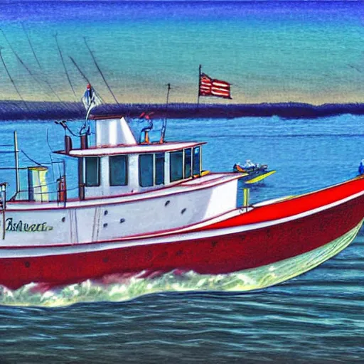 Image similar to a fifty foot boat on lake erie off presque isle, by willian santiago, intricate, detailed, sharp focus, lively colors, portrait