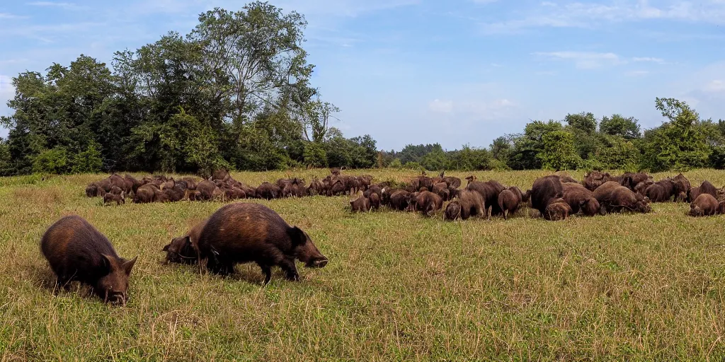 Image similar to a trap camera photo of a big group of wild boars in a field, real, photography