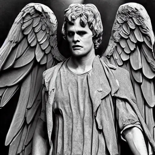 Image similar to younger jim carrey as a weeping angel, dr. who