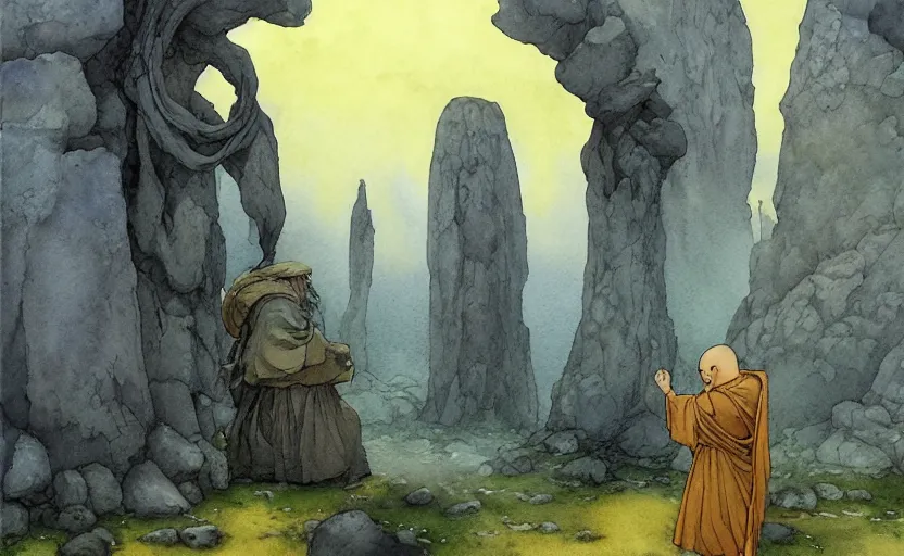 Image similar to a hyperrealist anime watercolor fantasy concept art of a giant monk with a grey robe and a small druid with a yellow robe in stonehenge on a misty night. several immense stones are floating in the air. by rebecca guay, michael kaluta, charles vess