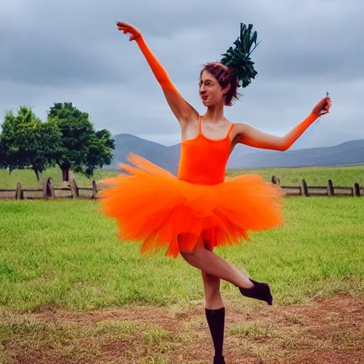 Prompt: a carrot in a tutu dancing the macarena on a wooden fence pole with pasture in the background