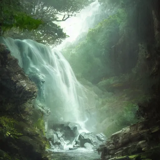 Prompt: Gargantuan stone robot resting under a waterfall inside a forest, oil painting, by Greg Rutkowski