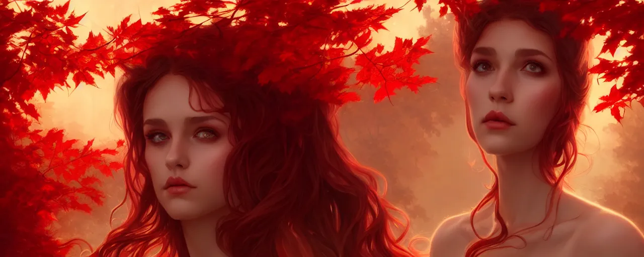 Image similar to girl with with hair becoming autumn red leaves trees, vampires with bloody fangsintricate, dreamy, digital painting, artstation, concept arti, unreal engine 5, 8 k, art by artgerm and greg rutkowski and alphonse mucha