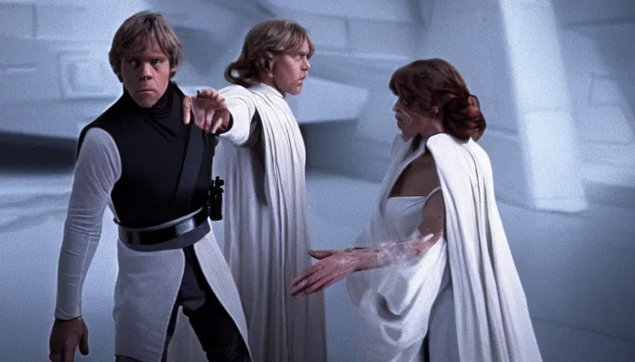 Image similar to screenshot of Luke Skywalker facing off against an incredibly haunting female sith lord in white, from the 1970s star wars film directed by Stanley Kubrick, on a sith planet of purple magic maelstrom, moody cinematography, hyper-detailed, sharp, anamorphic lenses, kodak color stock, 4k, stunning
