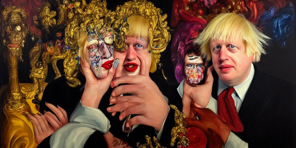 Image similar to boris johnson in drag in a nightclub, abstract oil painting by gottfried helnwein pablo amaringo raqib shaw zeiss lens sharp focus high contrast chiaroscuro gold complex intricate bejeweled