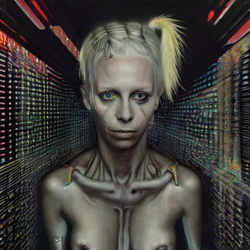 Image similar to cyberpunk portrait of Yolandi Visser, in the style of h.r giger, norman rockwell, giger, highly detailed, soft lighting, 8k resolution, oil on canvas