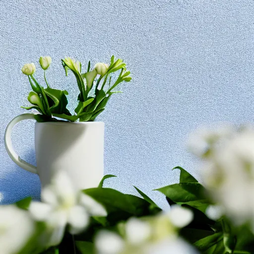 Prompt: clay mug on a white table surrounded by elegant blue and white flowers and green leaves, bright white realistic, up close shot, white background, zen, light, modern minimalist, clean f 2 0