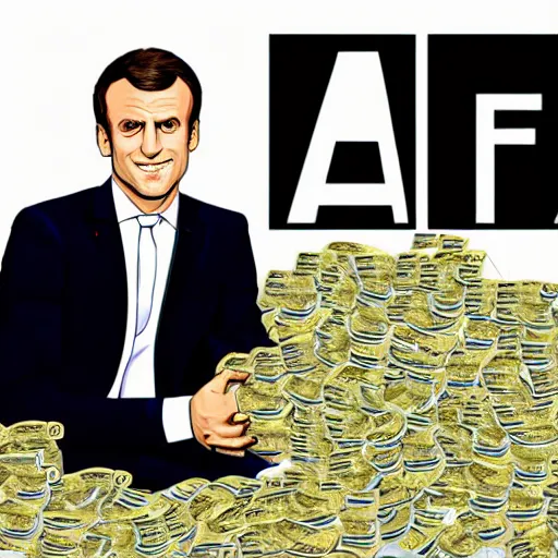 Image similar to Emmanuel Macron sitting on a huge pill of money, cartoon, white background