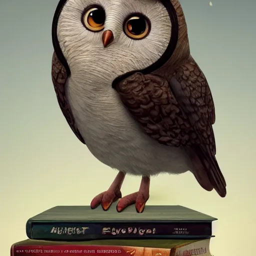 Image similar to long shot of a very cute plushy owl with eyelids half cloed sitting on a pile of antique books, by esao andrews, by pixar, humorous illustration, hyperrealistic, big depth of field, fresh colors, dim light, 3 d octane render conceptart, 4 k, hyperdetailed, trending on artstation