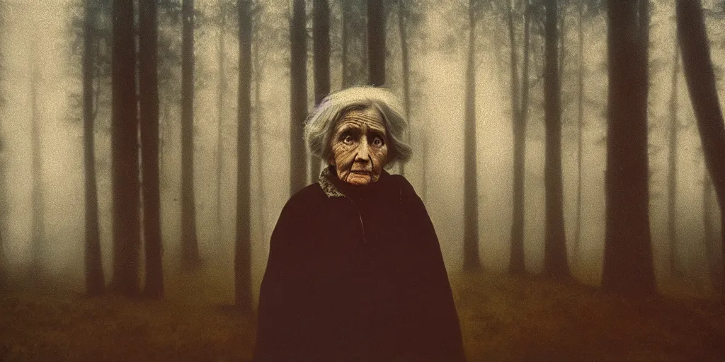 Prompt: portrait bust of old woman, solemn expression, faded color film, russian cinema, tarkovsky, kodachrome, inside old cabin, next to window, heavy forest outside, long brown hair, old clothing, heavy fog, blue hour, hudson river school, 4 k, dramatic lighting, greg rutkowski