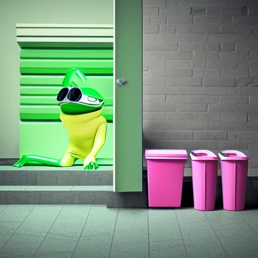 Prompt: isometric minimalistic precisionist backroom with pepe the frog and trashcans, cinema 4 d, 1 0 0 0 0 mm, green and pink color scheme depth of field, octane render, studio lighting