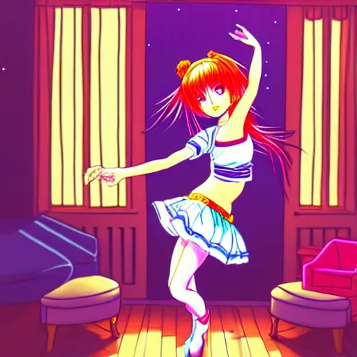 Image similar to cute girl wearing a white girl dancing joyfully in her bedroom at night, cyberpunk lighting, illustrated by naoko takeuchi