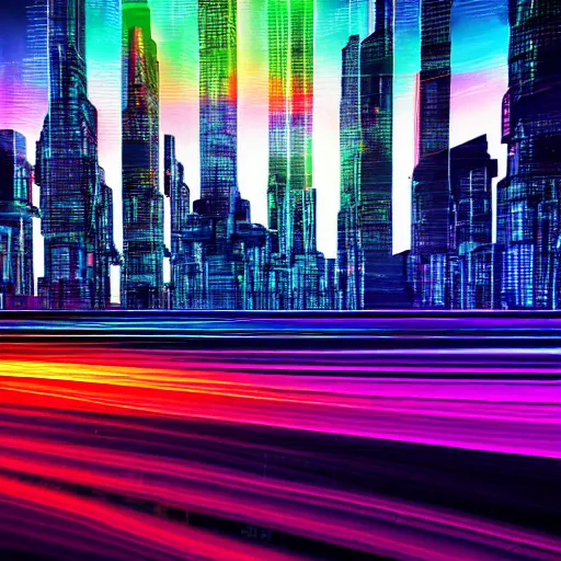 Prompt: cityscape made of glowing multi - colored trasparent ice, cyberpunk, quantum wavetracing,