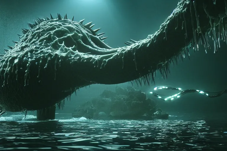 Prompt: huge bulky water creature made out of a humanoid nervous system with large meaty spikes all over the body, cinematic, volumetric lighting, f 8 aperture, cinematic eastman 5 3 8 4 film, photorealistic