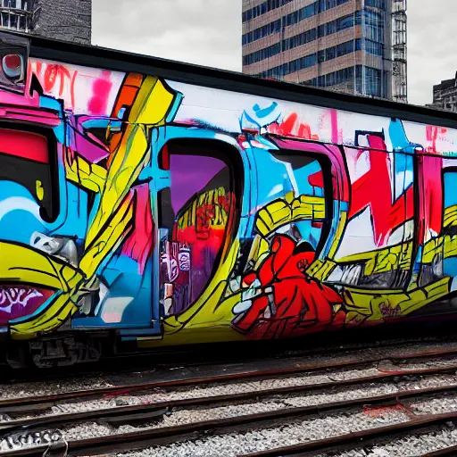 Image similar to wide angle full colour photo of a new york train carriage with the whole side covered by an award winning Graffiti piece in wildstyle, and many colours, with a comic character incorporated in the piece, ultrarealism, featured on artstation, octane render, powerful, iconic, inspiring, mesmerising