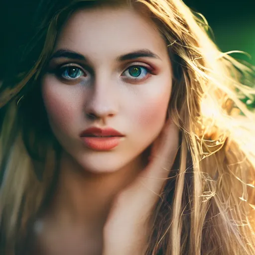 Image similar to outdoor portrait of a very beautiful young woman with gorgeous eyes, high cheek bones, flowing hair, lens flare, glow, dramatic lighting, 5 0 mm f 1. 2, fuji 4 0 0 h