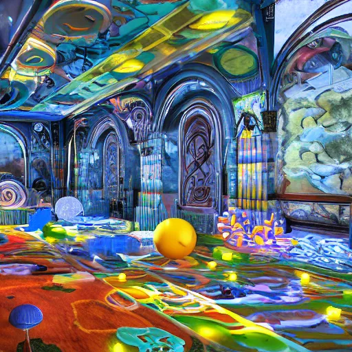 Image similar to underground cinema, realistic architecture, colorfull lights, octane render, 4k, 8k, fractals, psychedelic