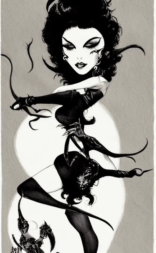 Prompt: goth girl with a detailed face and black hair below a full moon, burlesque psychobilly, rockabilly, punk, white background, drawing, illustration by frank frazetta