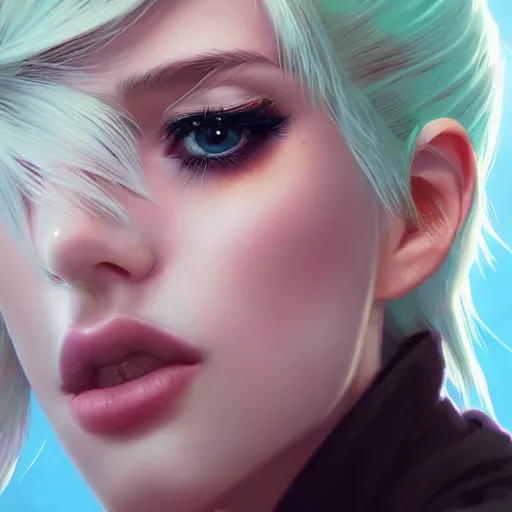 Image similar to very cool girl blonde hair black back, mint higlights, strong eyelashes, cute nose and lips makeup, nose piercing, detailed portrait, intricate complexity, by greg rutkowski, artgerm, ross tran, conrad roset, takato yomamoto, ilya kuvshinov. 4 k, beautiful, cinematic dramatic atmosphere