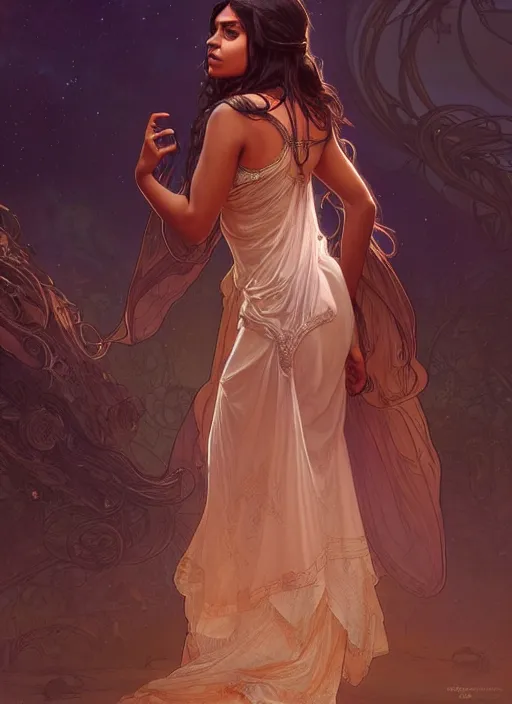 Image similar to cute brown woman wearing a transparent night gown, fantasy, intricate, highly detailed, digital painting, artstation, concept art, wallpaper, smooth, sharp focus, illustration, art by artgerm and greg rutkowski and alphonse mucha