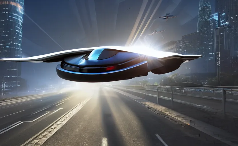 Image similar to photorealistic Flying cars on roads futuristic. daylight. sunlight. lens flare. light fixtures. 8K. detailed. photorealism. artstation. 25mm f/1.7 ASPH Lens. ultra realistic