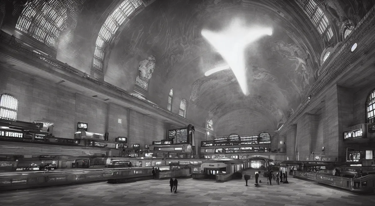 Prompt: a futuristic grand central station with portals and stargates to other worlds and times, by ridley scott, stunning atmosphere, high octane, cinematic lighting 4 k