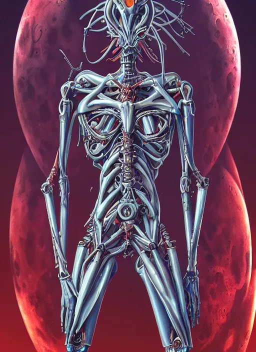 Image similar to Neon Genesis Evangelion by Yoshitaka Amano, by HR Giger, biomechanical, 4k, hyper detailed, hyperrealism, anime, a Blood Moon rising on a Broken World, deviantart, artstation