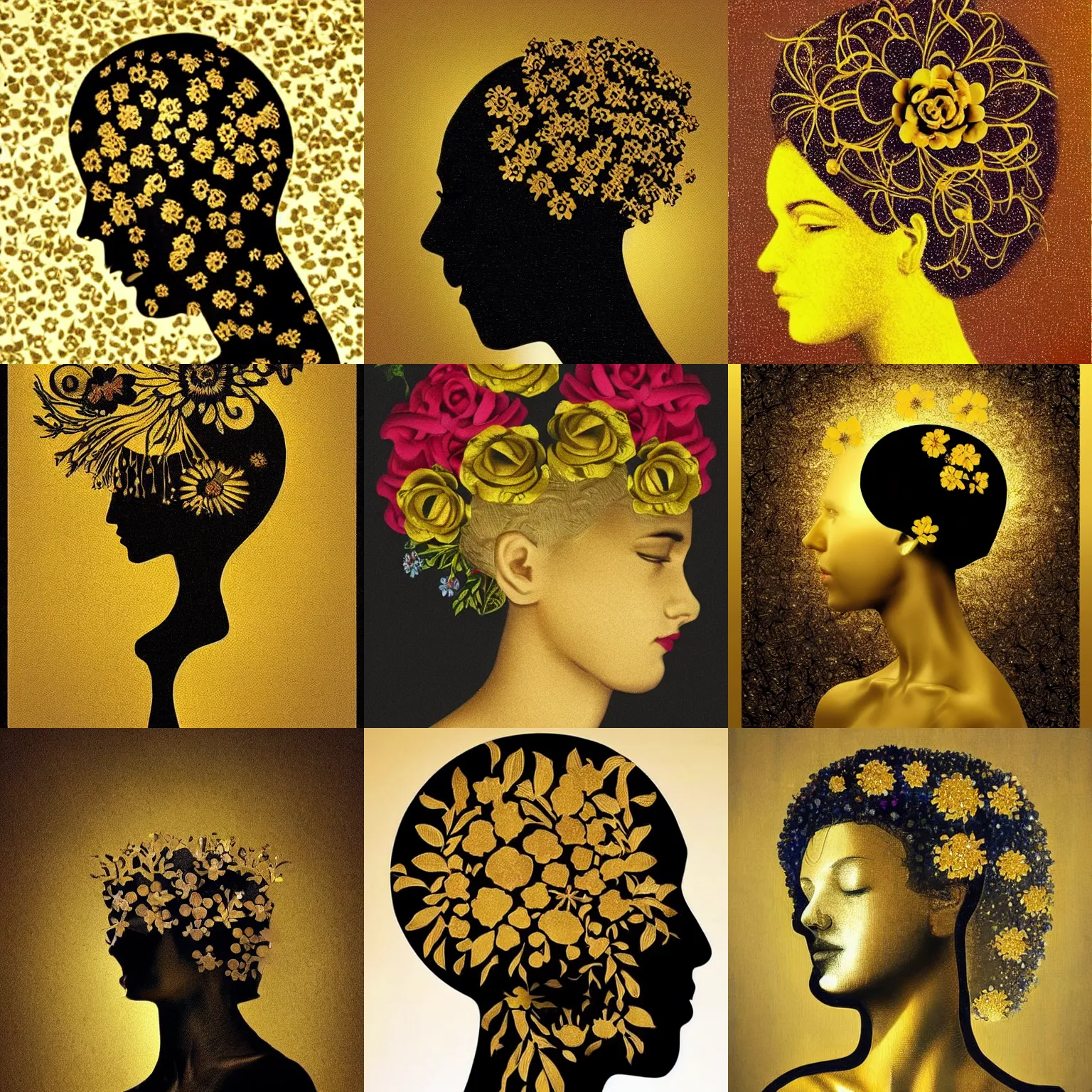 Prompt: silhouette of a womans head made out of gold with flowers on her head. artwork. surrealism.