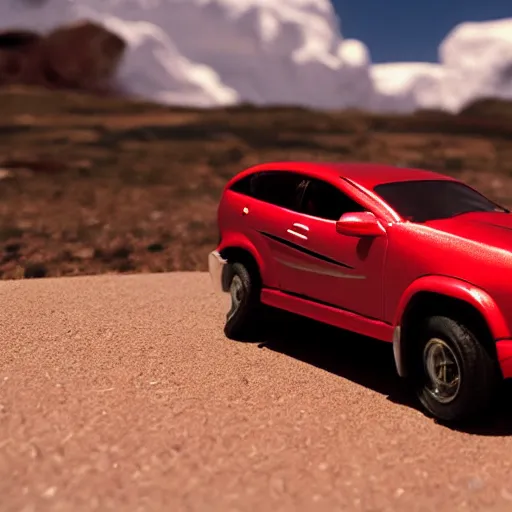 Image similar to 3 5 mm photo of metallic red aztek car like hot wheels model in area 5 1 as background, epic cinematic