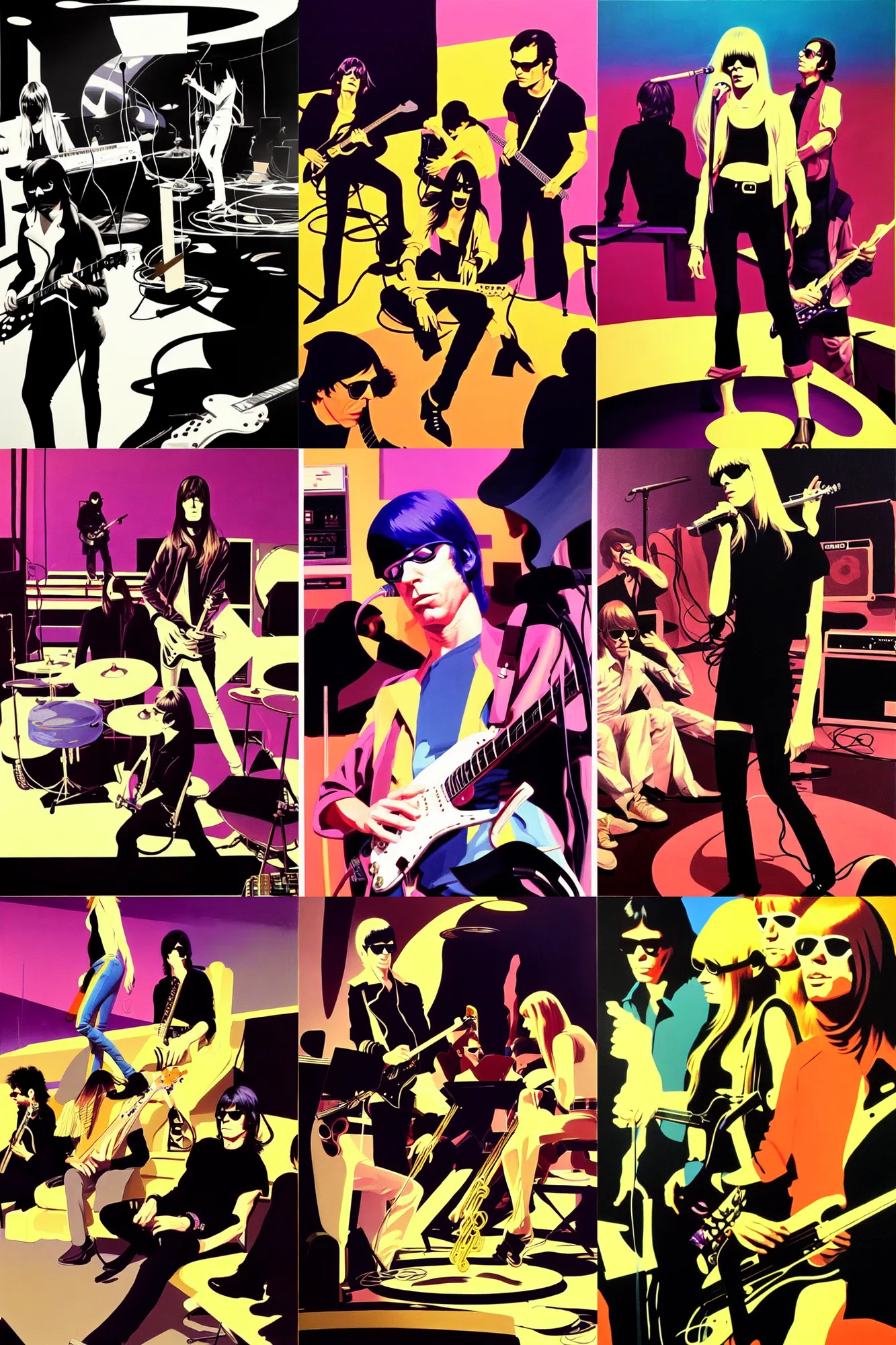 Prompt: the velvet underground and nico playing live on stage, beautiful stage decoration in the background, painting by syd mead, very detailed and colorful, moody, relaxed, stoned, trending on artstation, behance contest winner